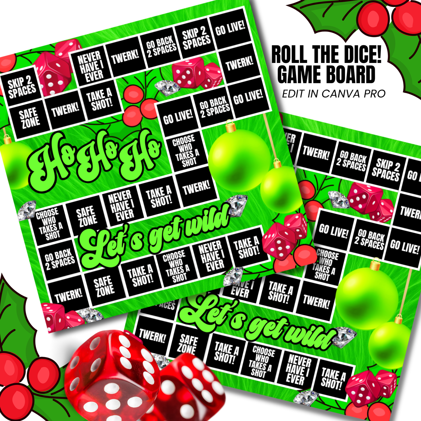 Green Adult Drinking Christmas Board Game – Editable Canva Pro Template (Digital Download)