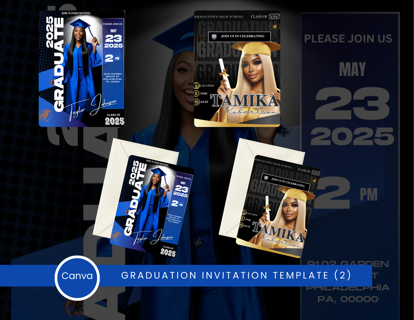 Graduation Invitation Template – 2 Editable Canva Pro Designs