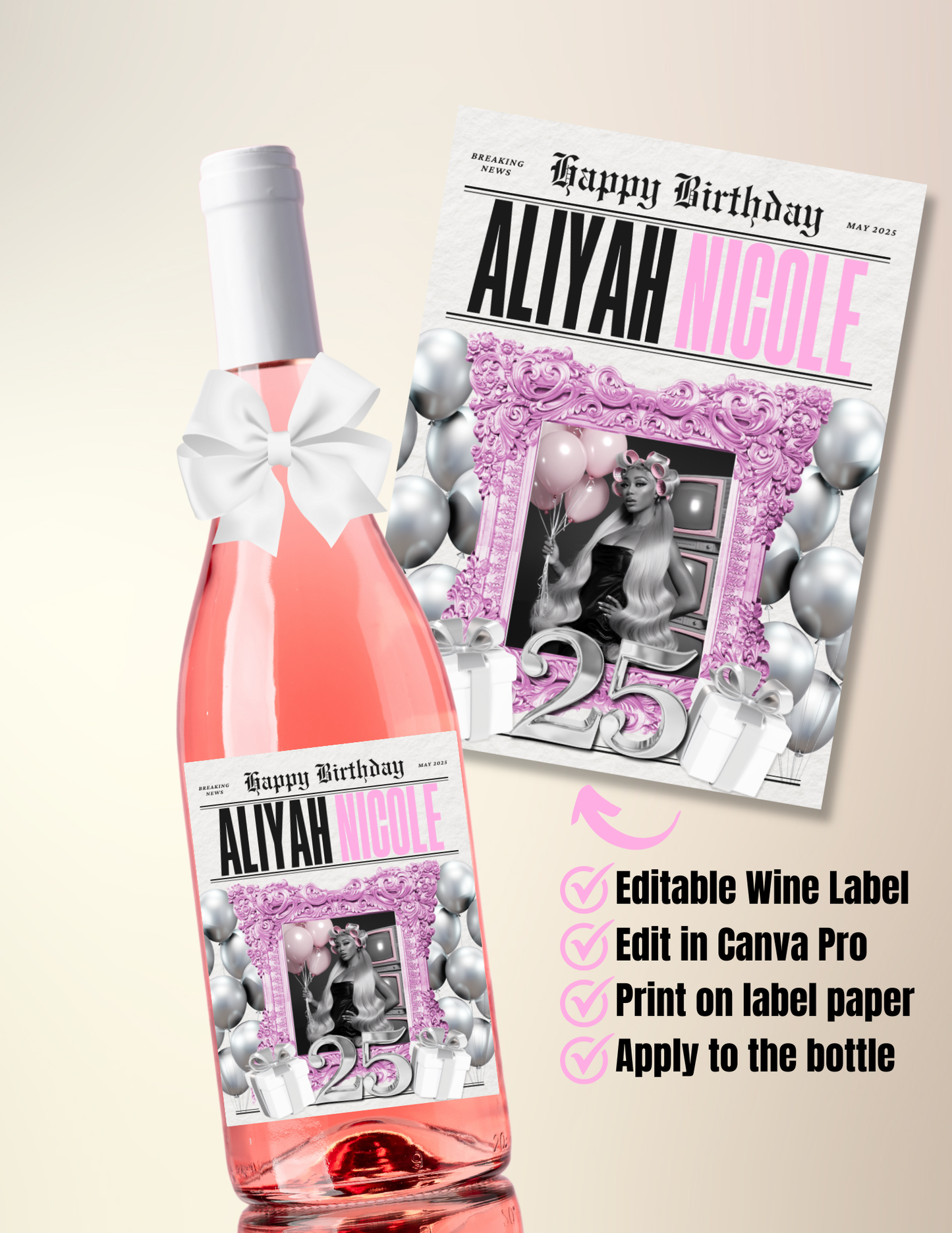 Happy Birthday Newspaper Wine Bottle Label – Editable Template