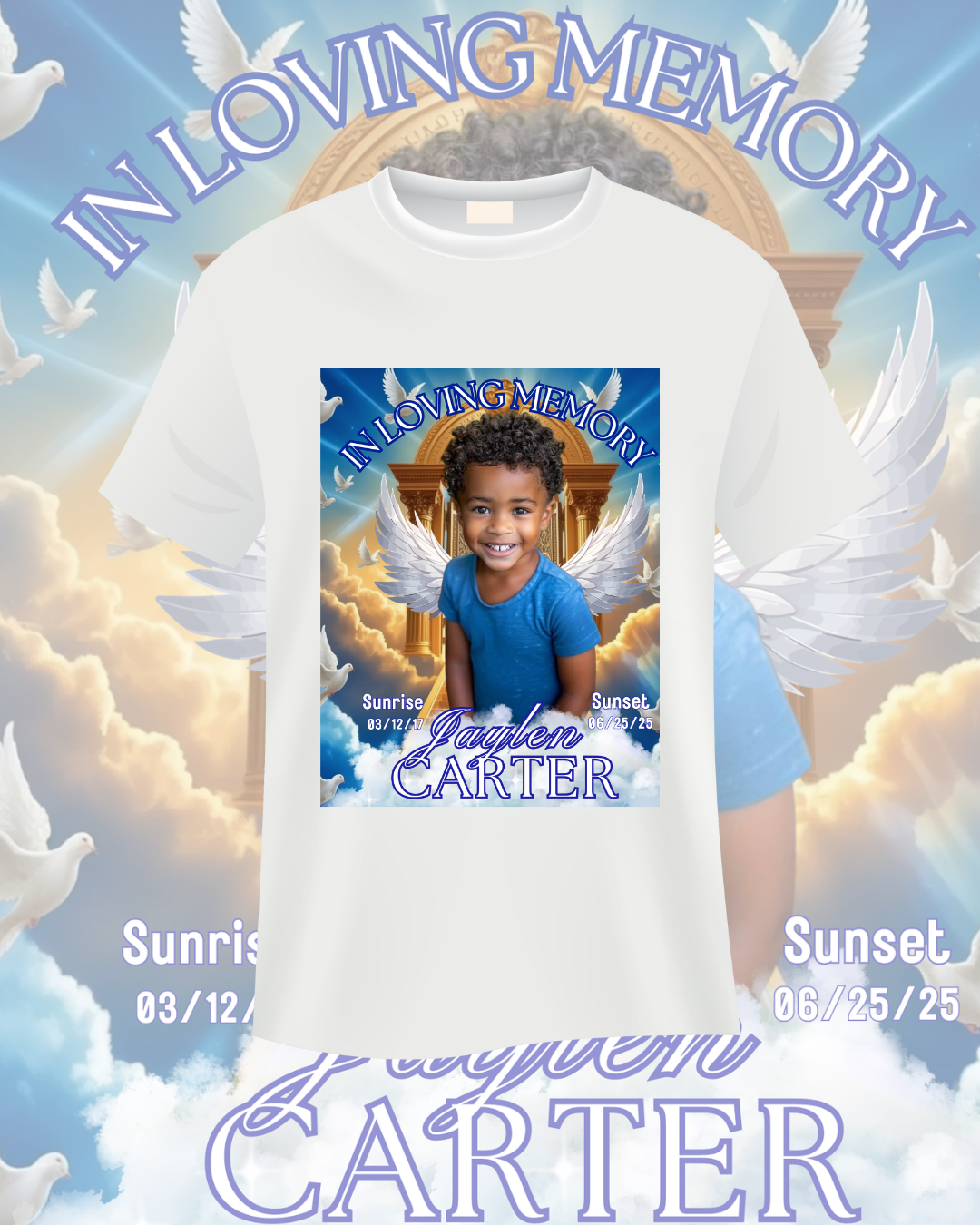 Blue & Gold Memorial T-Shirt Template – Canva Pro Required | Digital Download