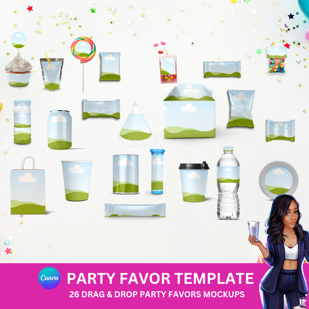 26 Drag & Drop Party Favor Mockup Bundle – Canva Editable