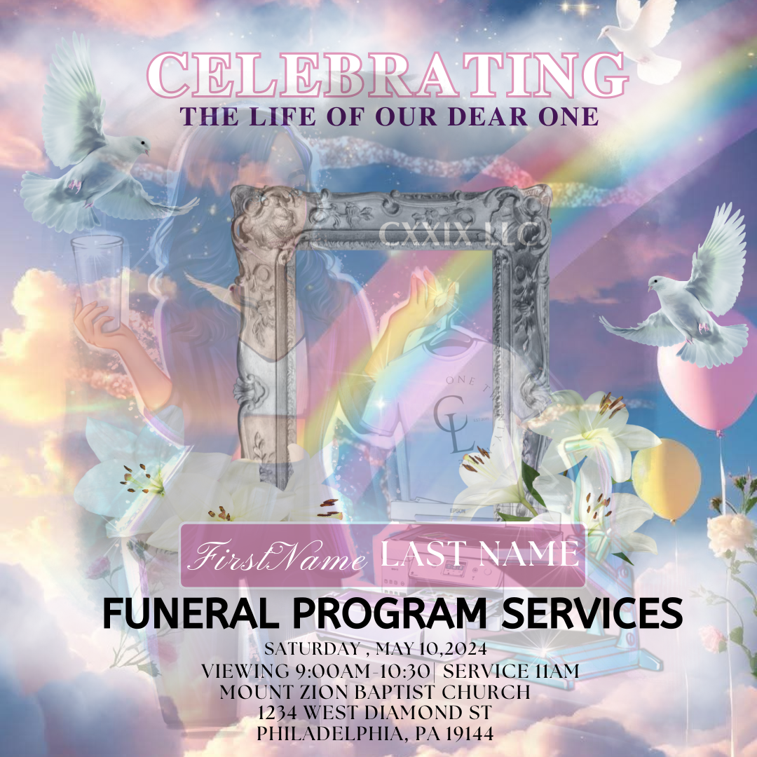 Rainbow Purple & Blue Funeral Card Template – Canva Pro Required | Digital Download