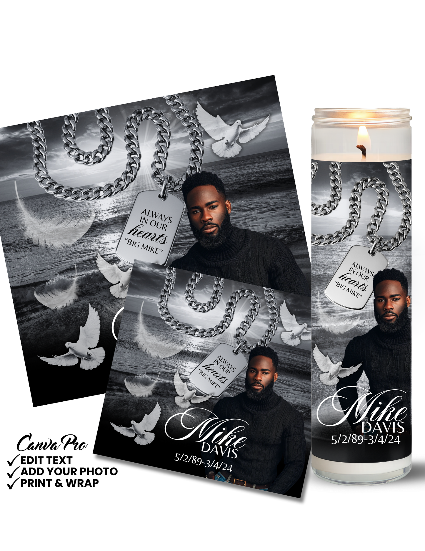 Men’s Memorial Candle Template | Black & Silver Editable Design