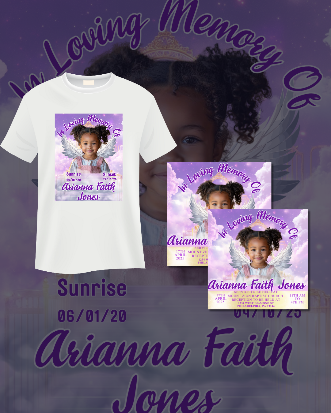 Purple & Pink Memorial Bundle – T-Shirt & Funeral Card Template | Canva Pro Required