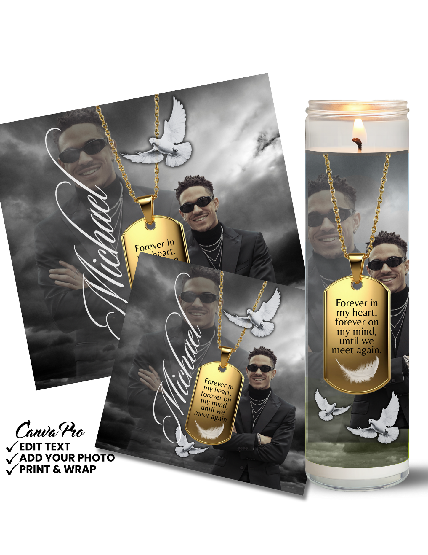 Men’s Memorial Candle Template | Black & Gold Editable Design