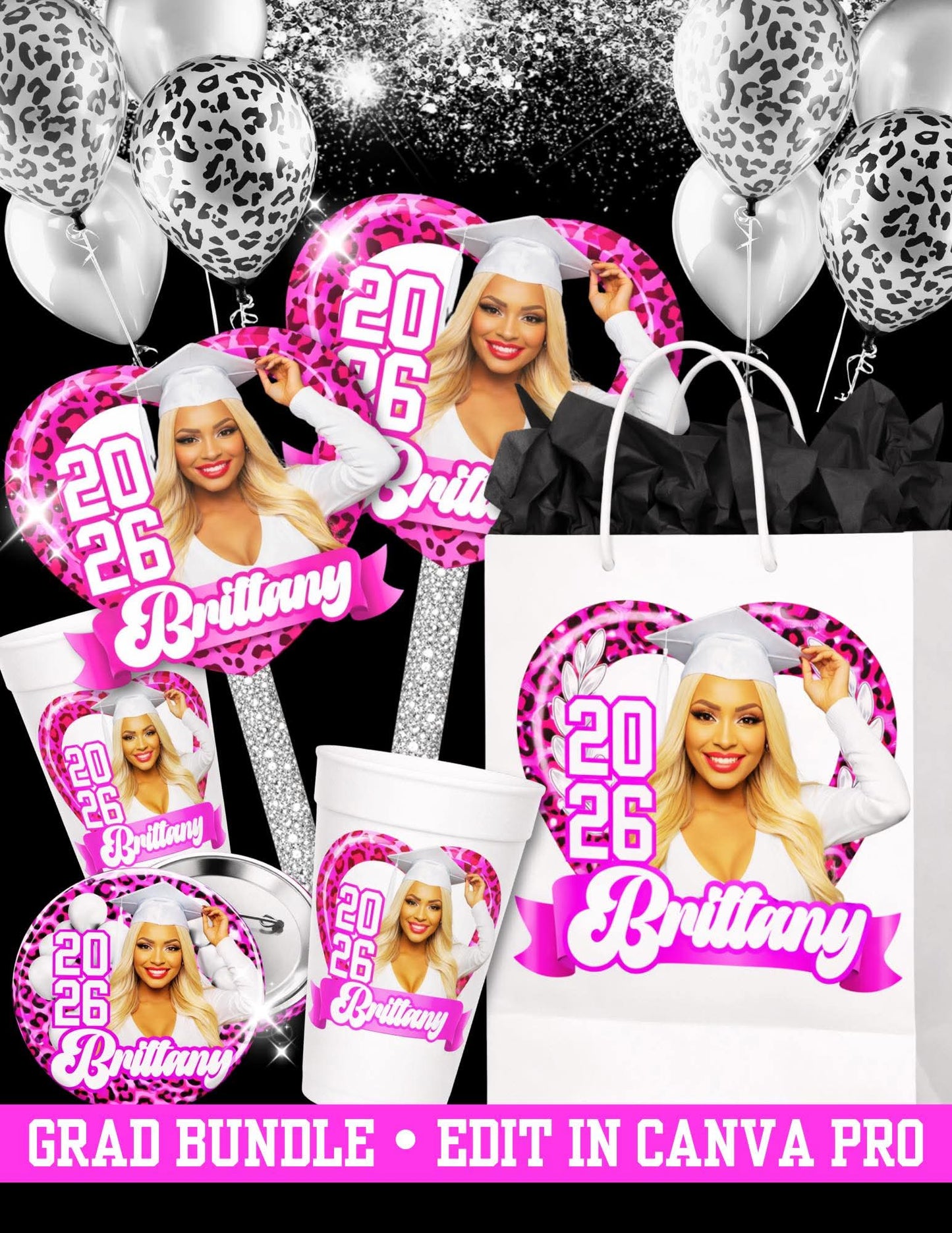 Pink Graduation Party Favor Bundle Template Set