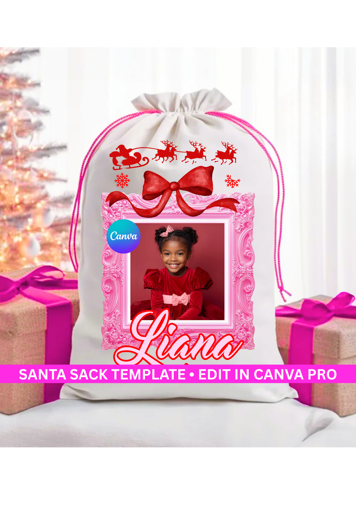 Girls Custom Christmas Santa Sack Template – Canva Pro Editable (Digital Download)