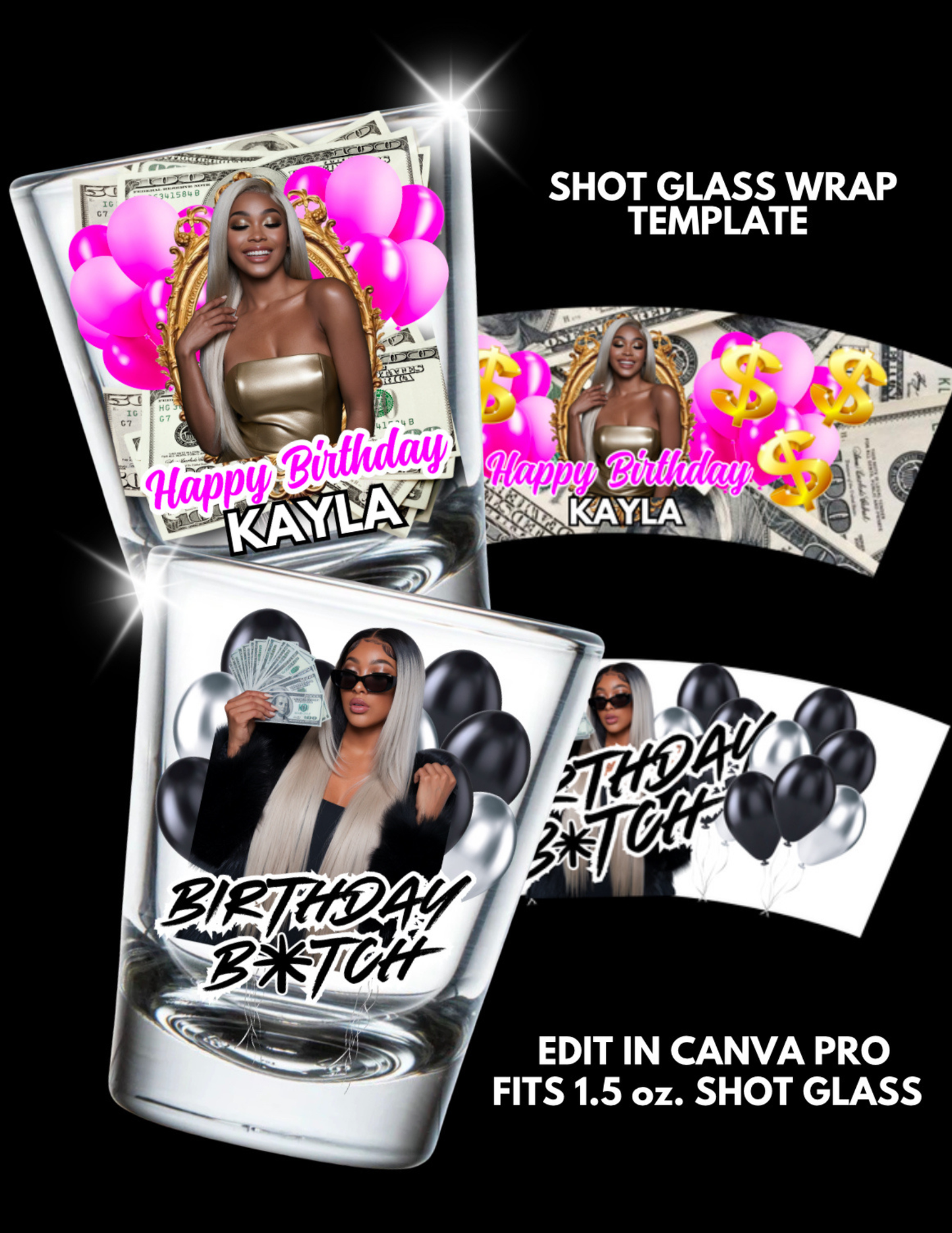 Happy Birthday Shot Glass Template Set | 2 Editable Canva Designs
