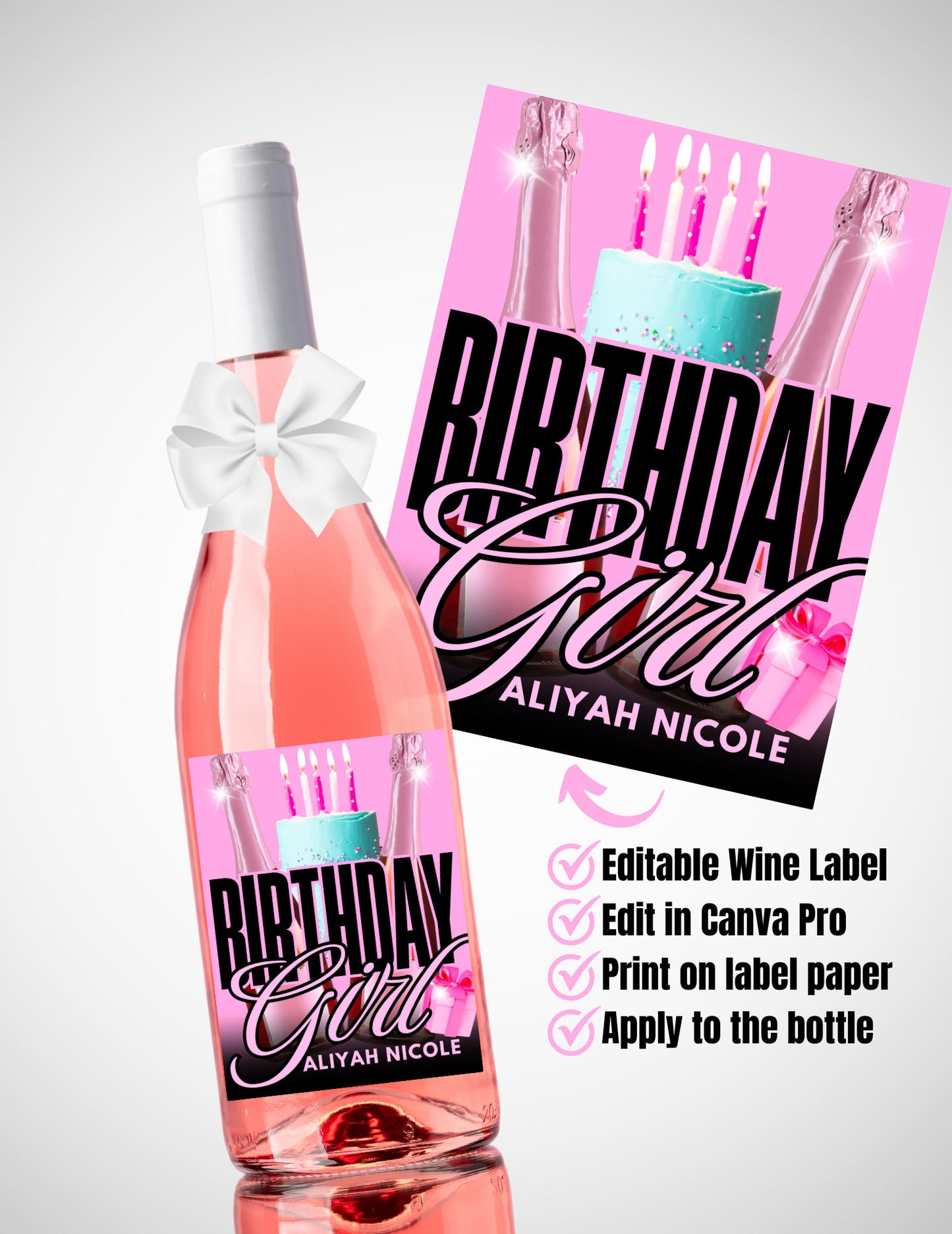 Pink “Birthday Girl” Cake Wine Bottle Label – Editable Template