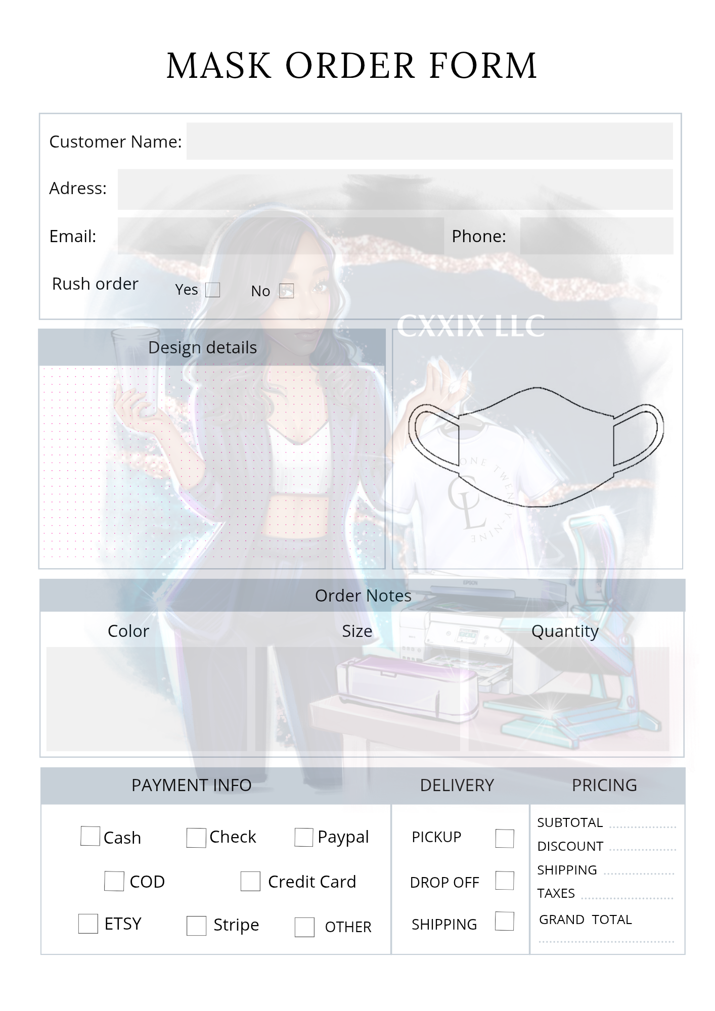 Custom Apparel Order Form Bundle (T-Shirt, Mask, General) – Editable