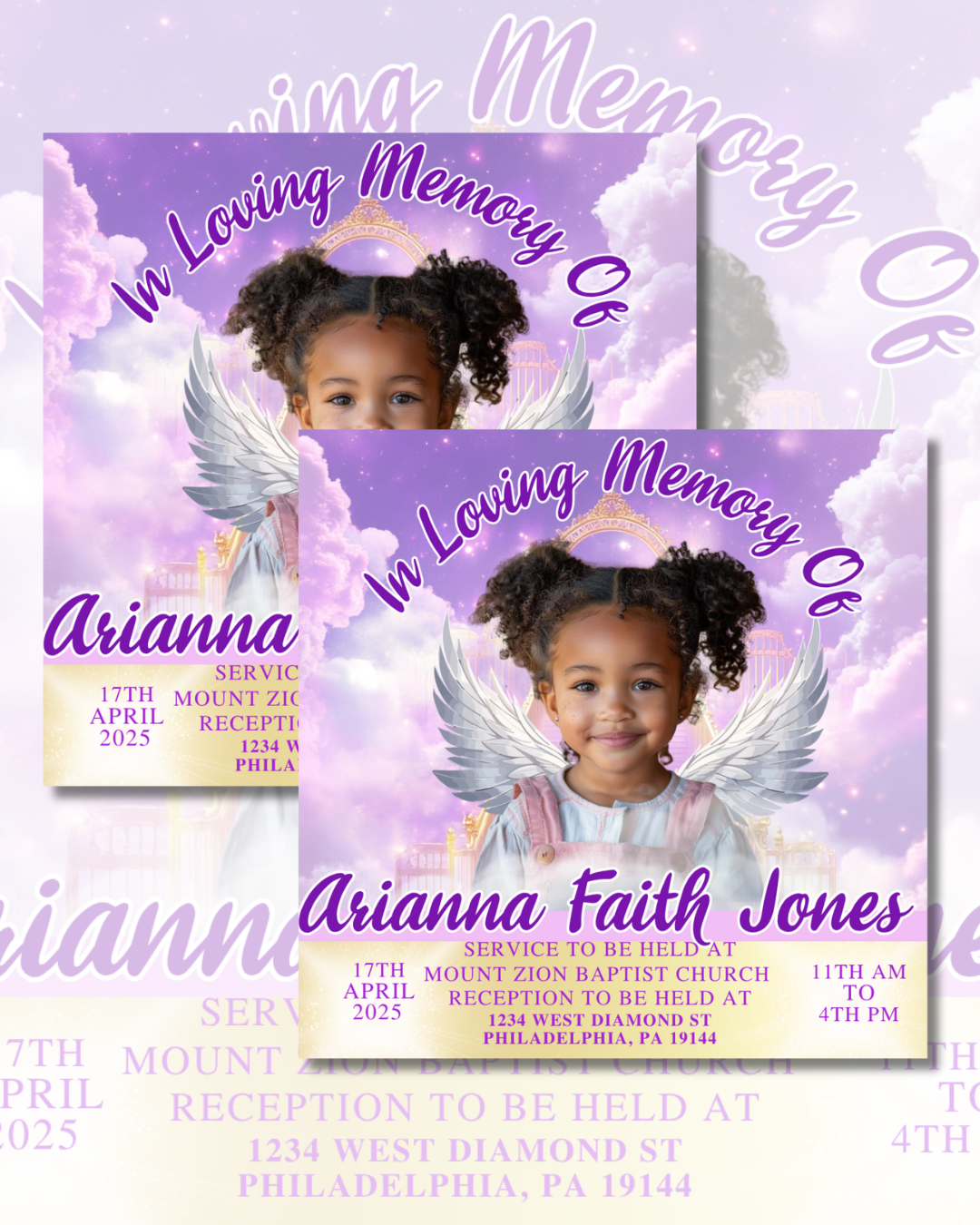 Purple & Gold Funeral Card Template – Canva Pro Required | Digital Download