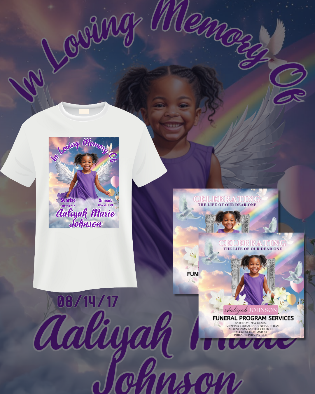 Rainbow Purple & Blue Memorial Bundle – T-Shirt & Funeral Card Template | Canva Pro Required