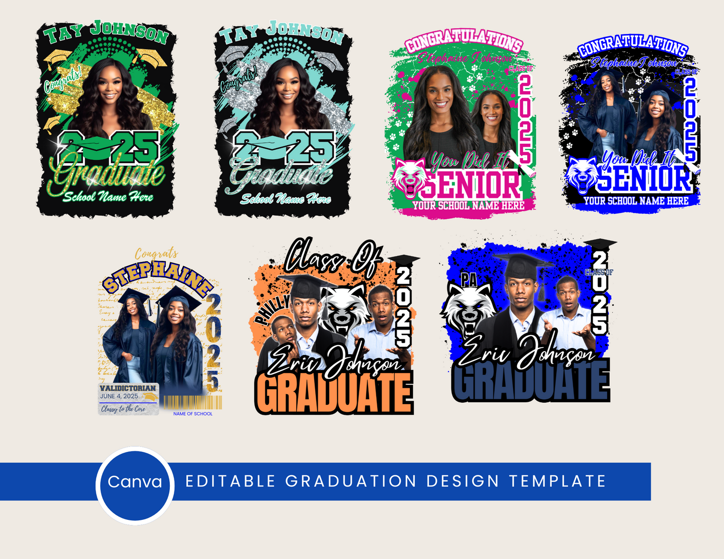 2025 Graduation T-Shirt Canva Template Bundle – 7 Designs