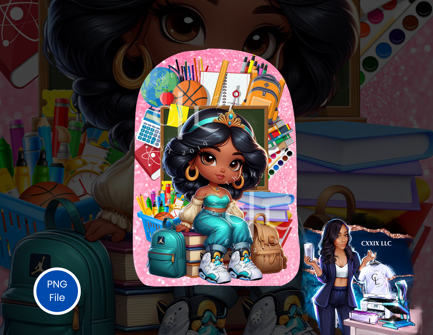Back to School Princess – Jasmine-Inspired Bookbag PNG