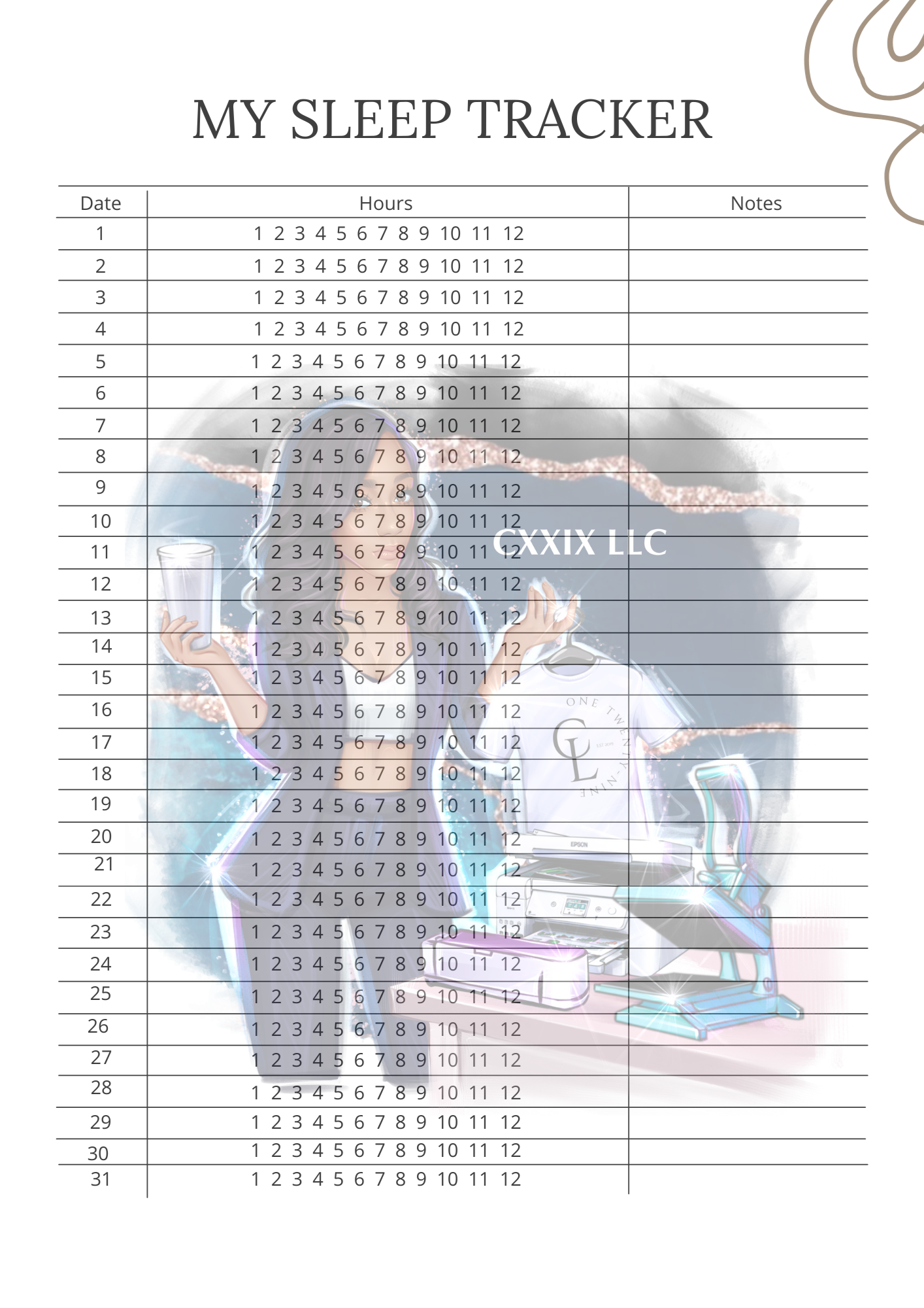 Sleep Tracker Printable PNG – Track Date, Hours & Notes
