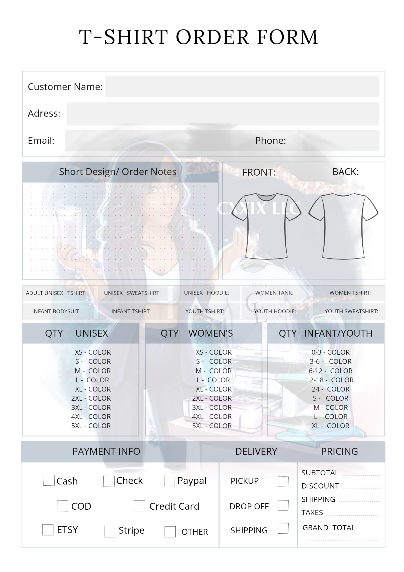 Custom Apparel Order Form Bundle (T-Shirt, Mask, General) – Editable