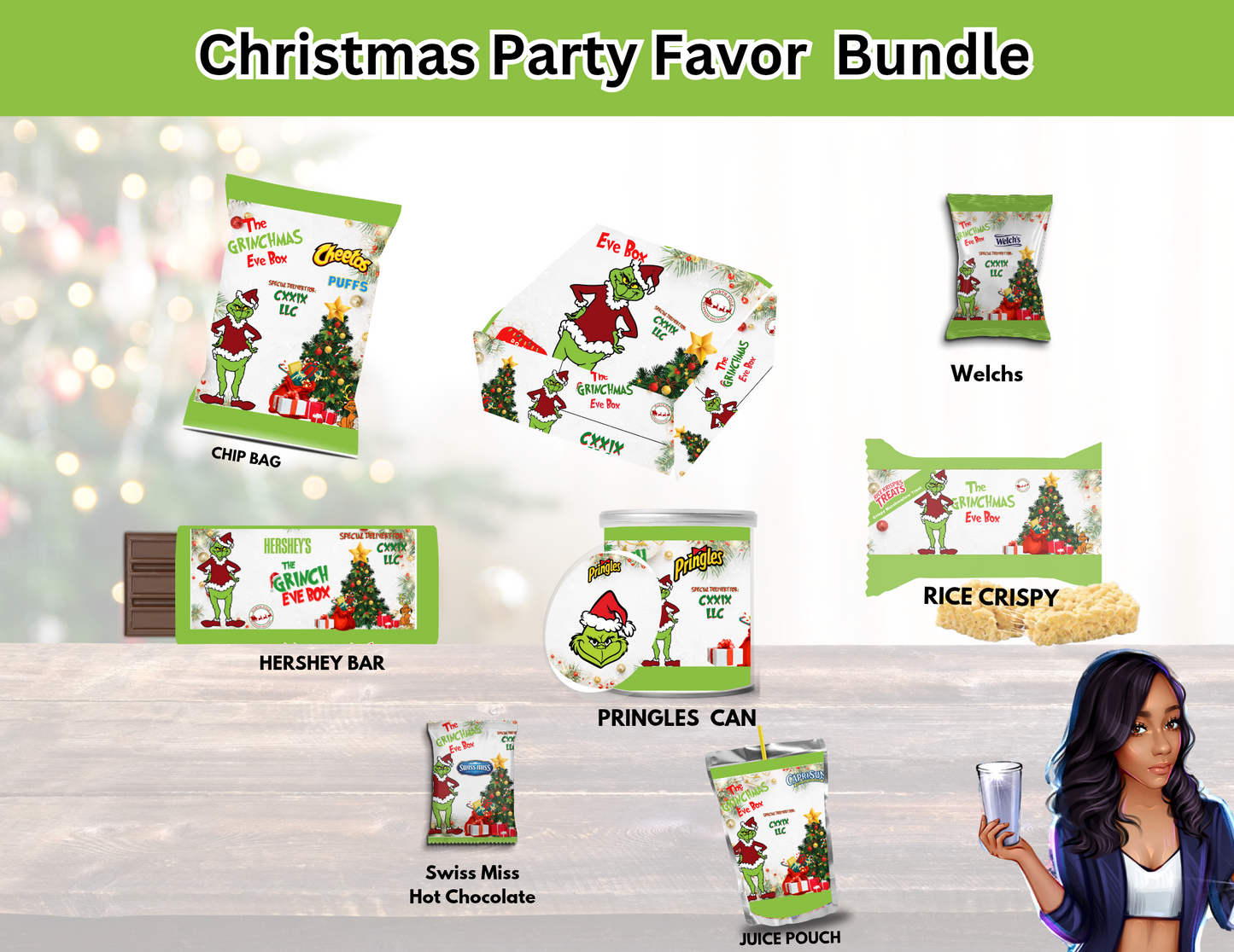 Grinch Party Favor Bundle β 11 Canva Templates (DIY Editable)