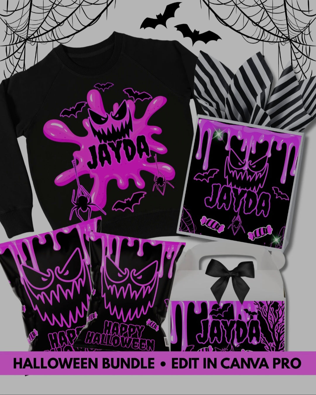 Halloween Slime Party Bundle Template | Shirt, Party Bag, Chip Bag & Gable Box | Editable Canva Template