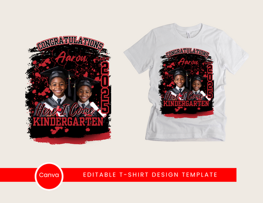 2025 Here I Come – Kindergarten Graduation T-Shirt Design Template (Editable in Canva)