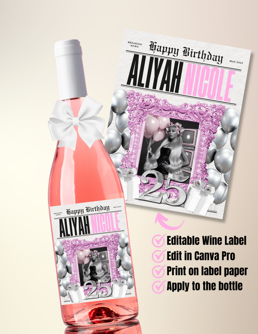 Happy Birthday Newspaper Wine Bottle Label – Editable Template
