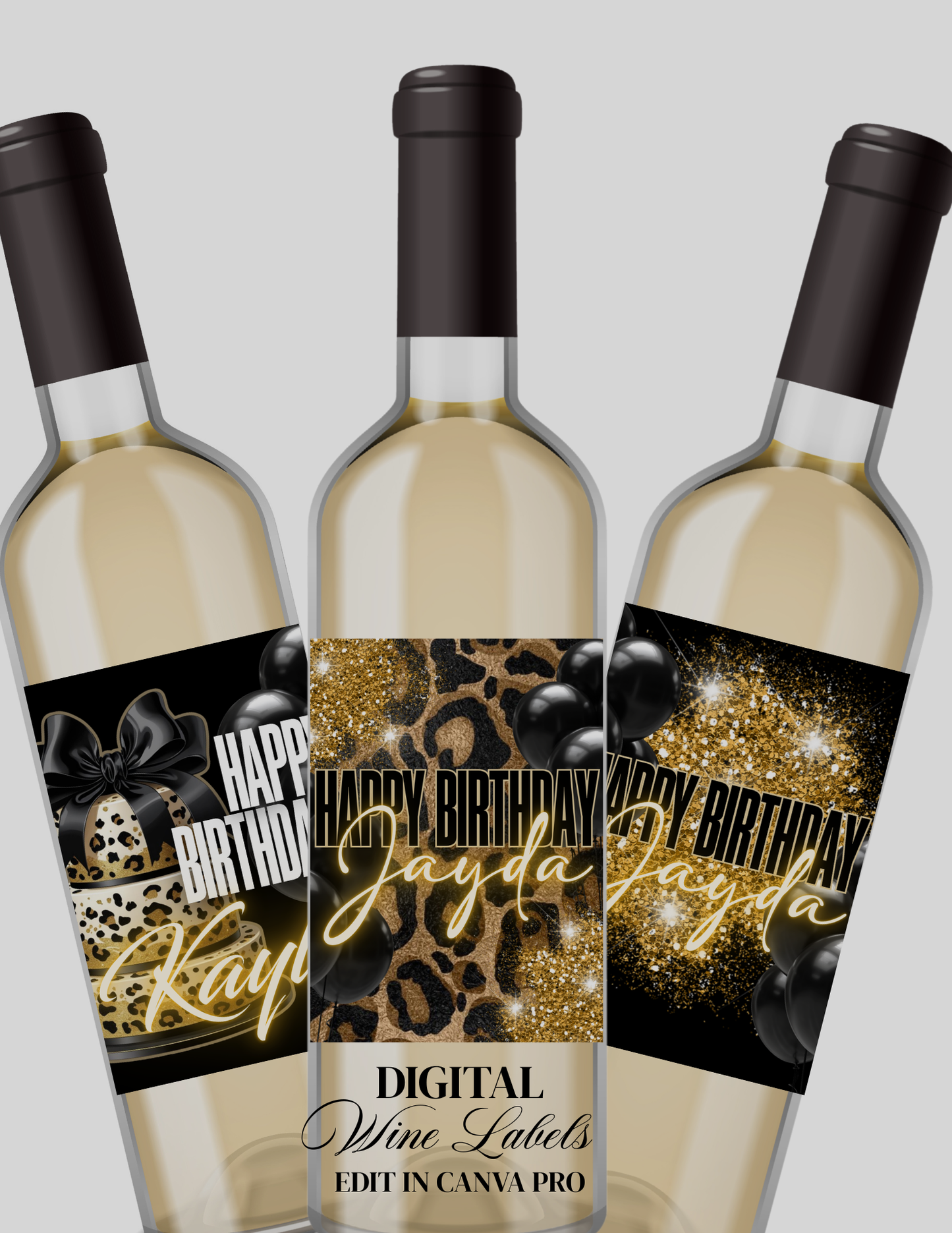 Black & Gold Happy Birthday Wine Label Bundle | 3 Elegant Canva Templates
