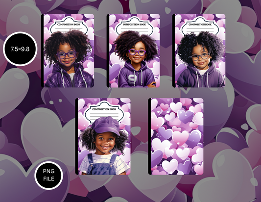 Purple Heart Girl Composition Notebook Bundle – 5 PNG Designs