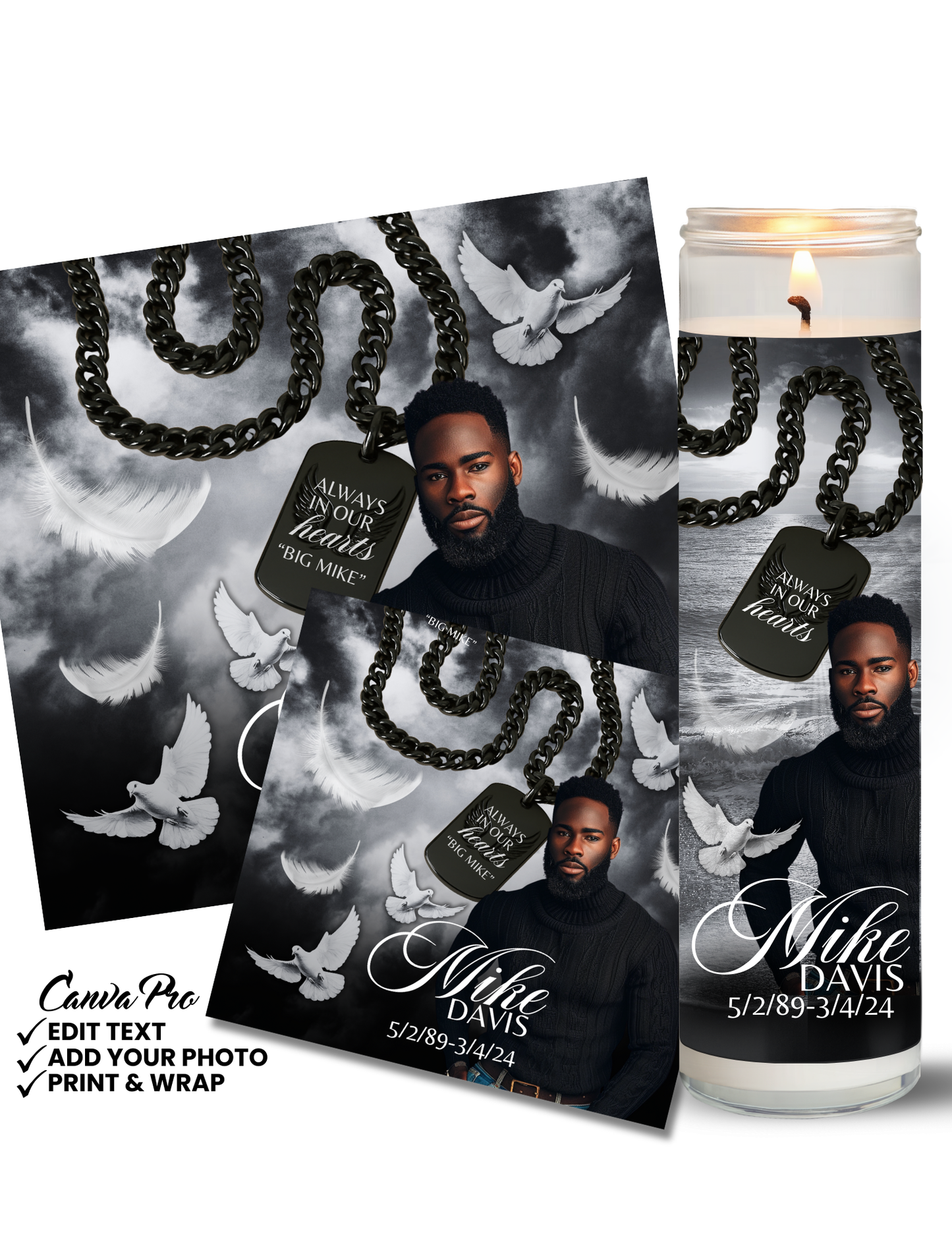 Men’s Memorial Candle Template | Black & White Editable Design