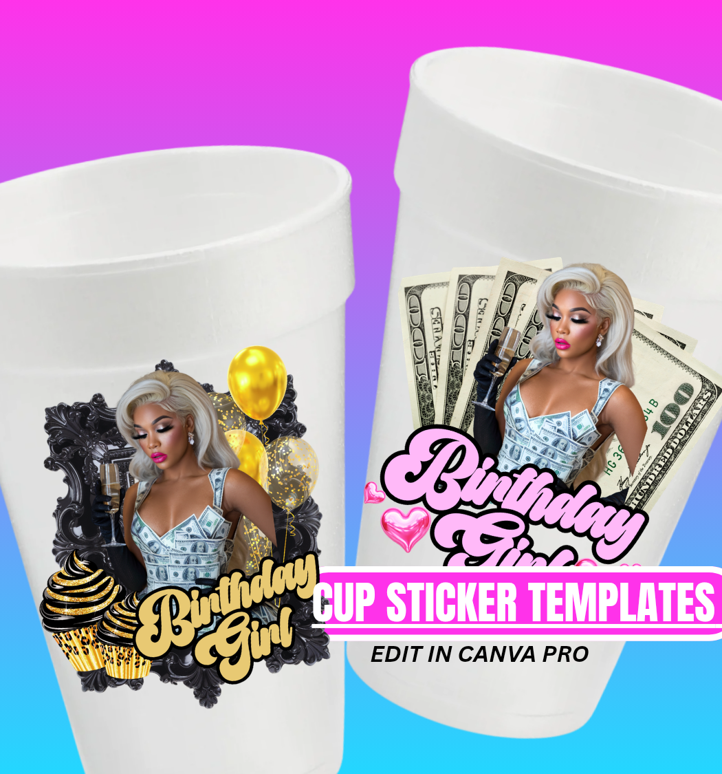 2 - Bundle Birthday Girl Frame & Money Cup Template – Editable (Digital Download)
