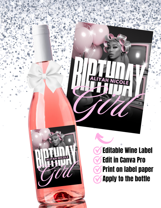 Pink “Birthday Girl” TV & Balloons Wine Bottle Label – Editable Template