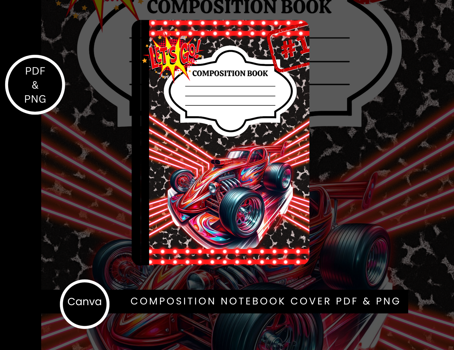 Red Race Car Composition Notebook Cover – Let’s Go Theme (PNG + PDF)