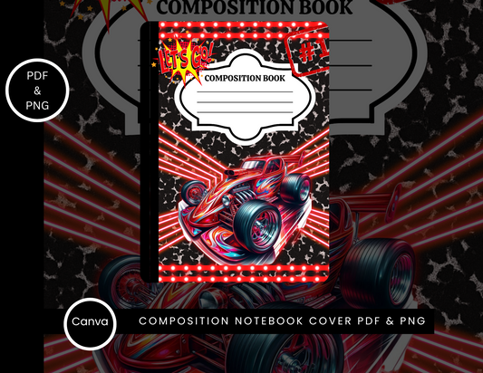 Red Race Car Composition Notebook Cover – Let’s Go Theme (PNG + PDF)