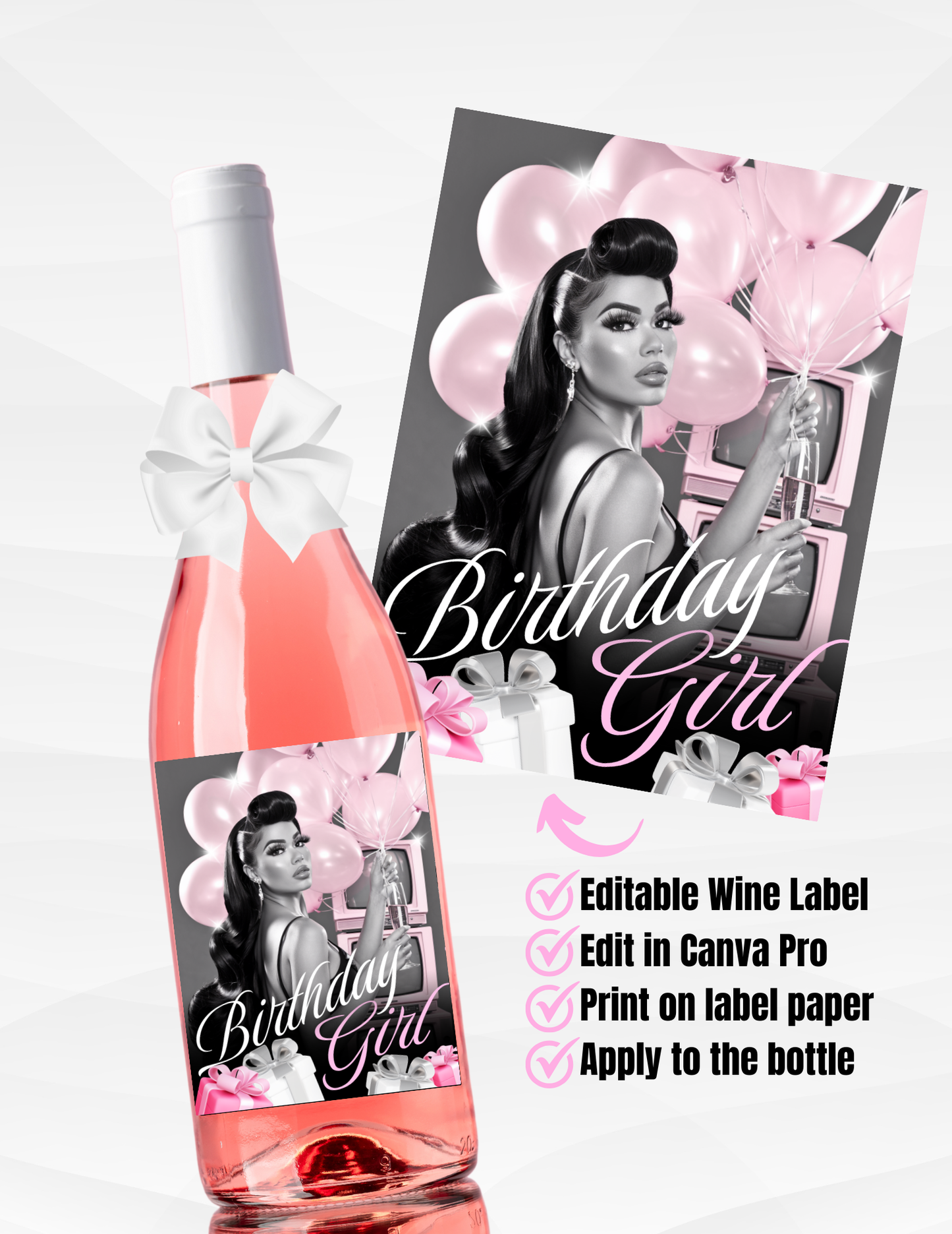 Pink “Birthday Girl” TV, Balloons & Gifts Wine Bottle Label – Editable Template