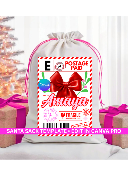 Girls Personalized Santa Bag Template – Editable Holiday Canva Pro Design (Digital)