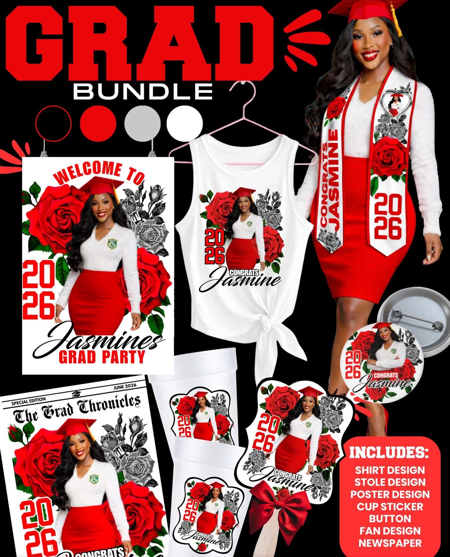 Class of 2026 Red Graduation Bundle Template Set
