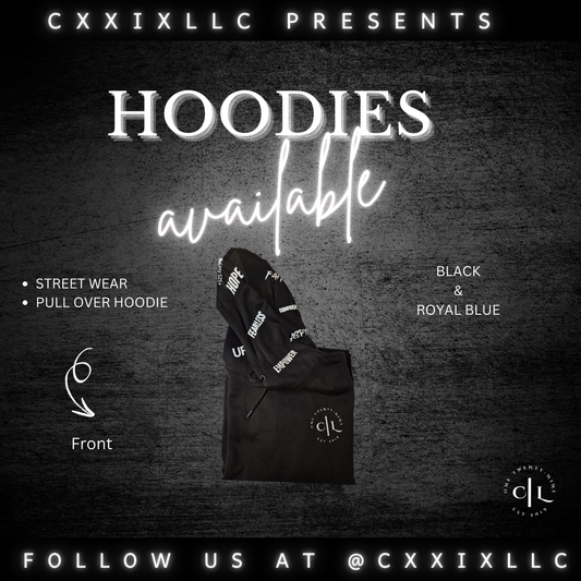 CXXIXLLC Signature Logo Hoodie – Small Front Logo | Black & Royal Blue