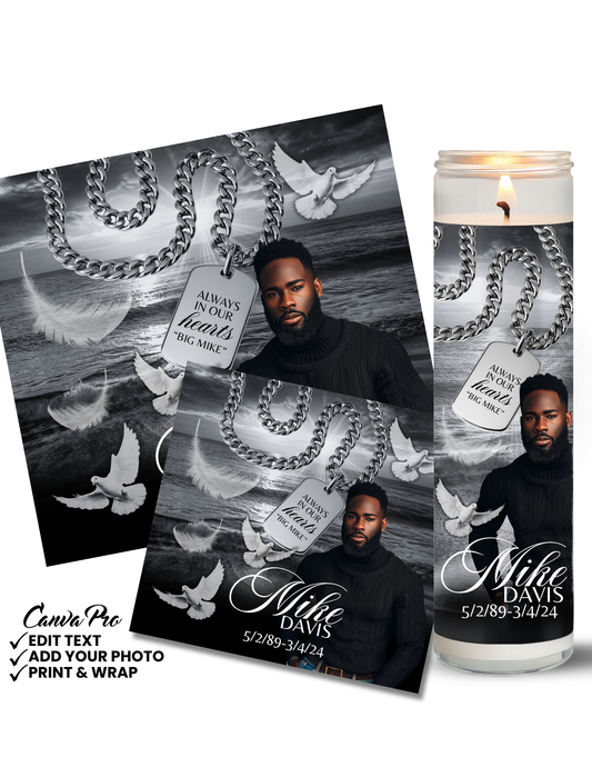 Men’s Memorial Candle Template | Black & Silver Editable Design