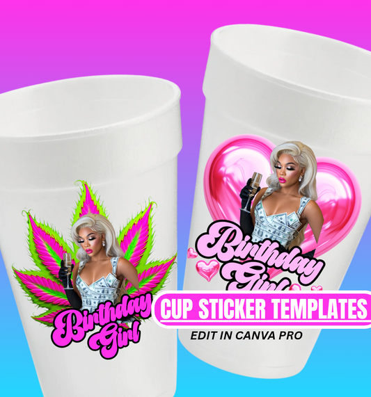 2 - Bundle Birthday Girl Plant & Heart Cup Template – Editable (Digital Download)