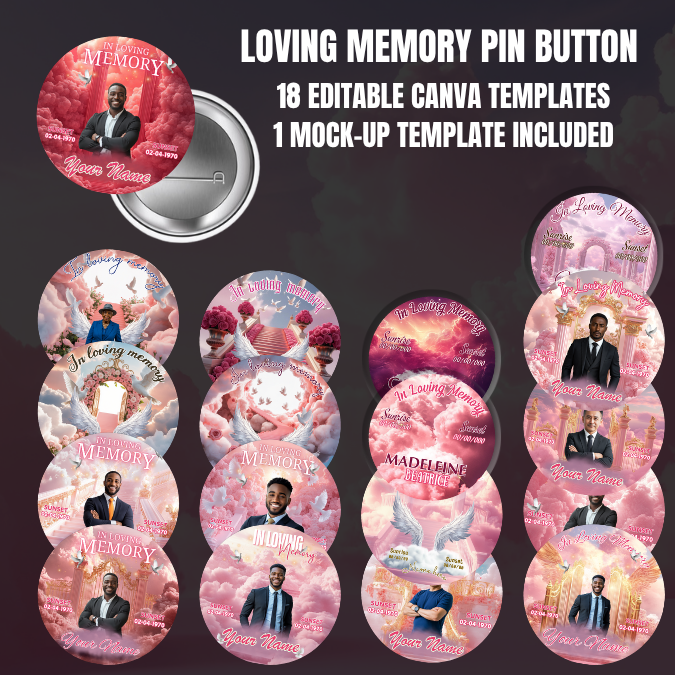 Pink & Rose Memorial Pin Button Template Bundle