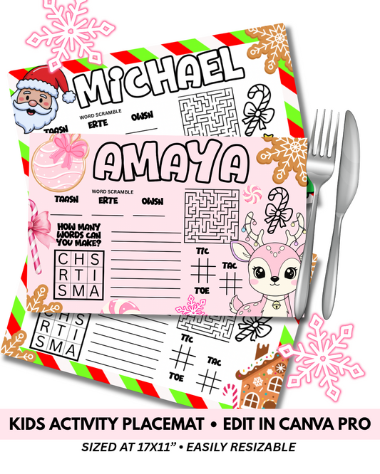 Kids Christmas Table Placemat 3-Bundle – Editable Canva Pro Templates (Digital Download)