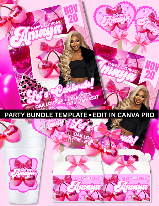 Pink Cherry Happy Birthday Party Favor Bundle | Flyer, Fan, Gable Box & Cup Templates