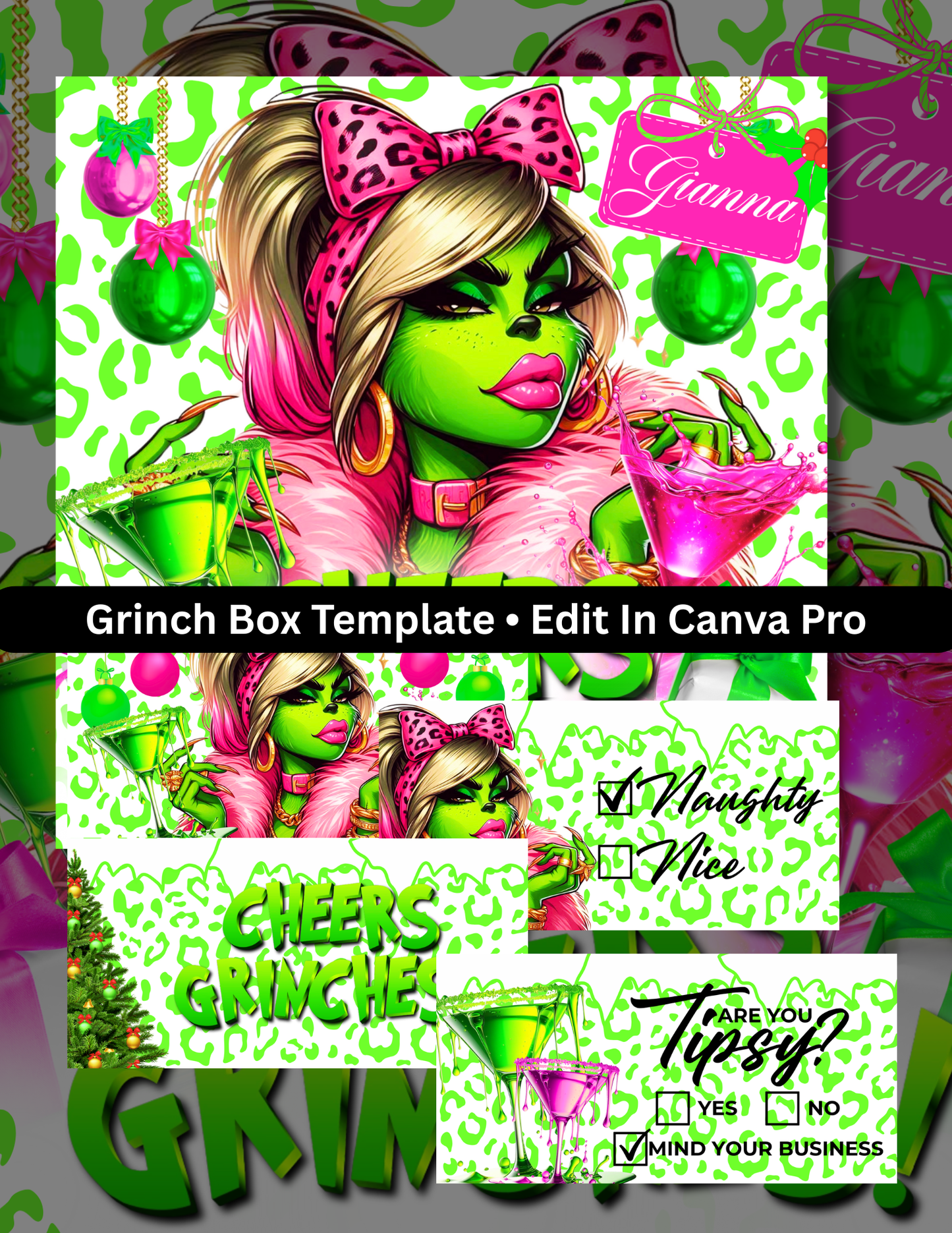 “Cheers Grinches” Female Christmas Party Box – Editable Canva Template