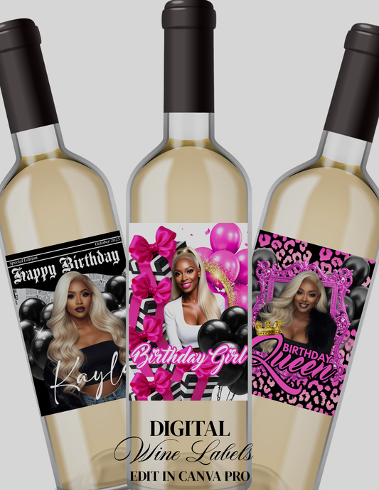 Birthday Wine Label Template Set | Happy Birthday, Birthday Girl & Birthday Queen