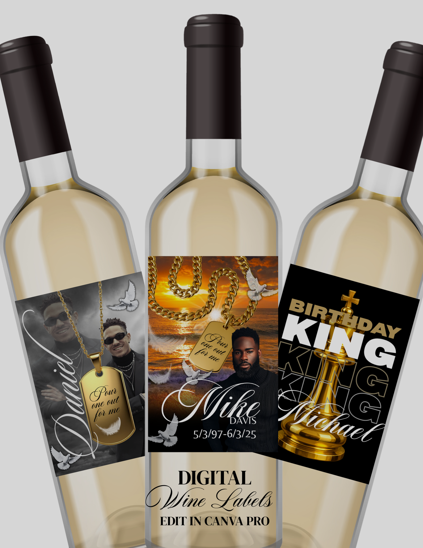Men’s Memorial & Birthday King Wine Label Bundle | 3 Editable Canva Templates