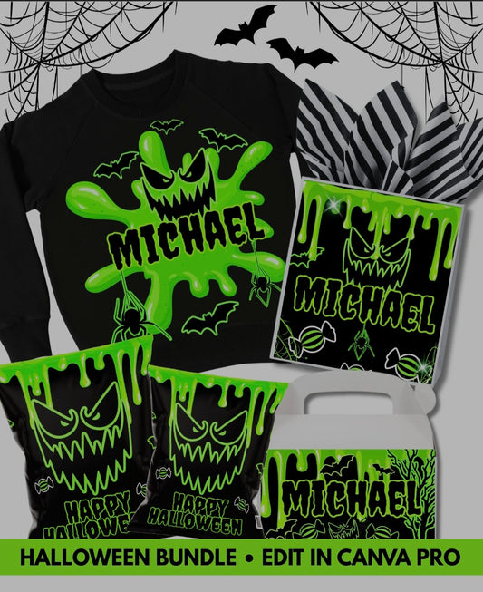 Halloween Slime Party Bundle Template | Shirt, Party Bag, Chip Bag & Gable Box | Editable Canva Template
