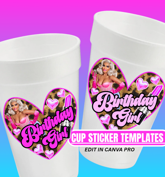 2-Bundle Birthday Girl Cup Template – Editable Canva Pro Styrofoam Cup Designs (Digital Download)