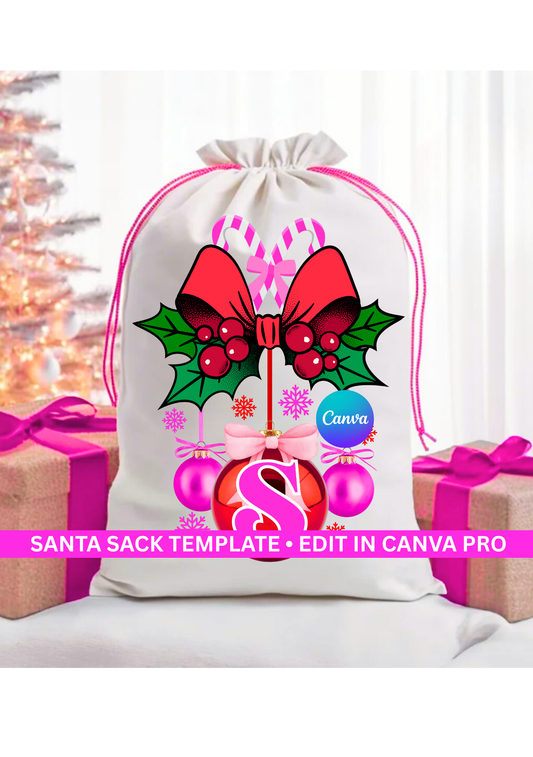 Girls Pink Santa Sack Bag Template – Editable Canva Pro (Digital Download)