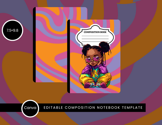 Purple, Orange & Pink Little Girl Composition Notebook Cover – Canva Template