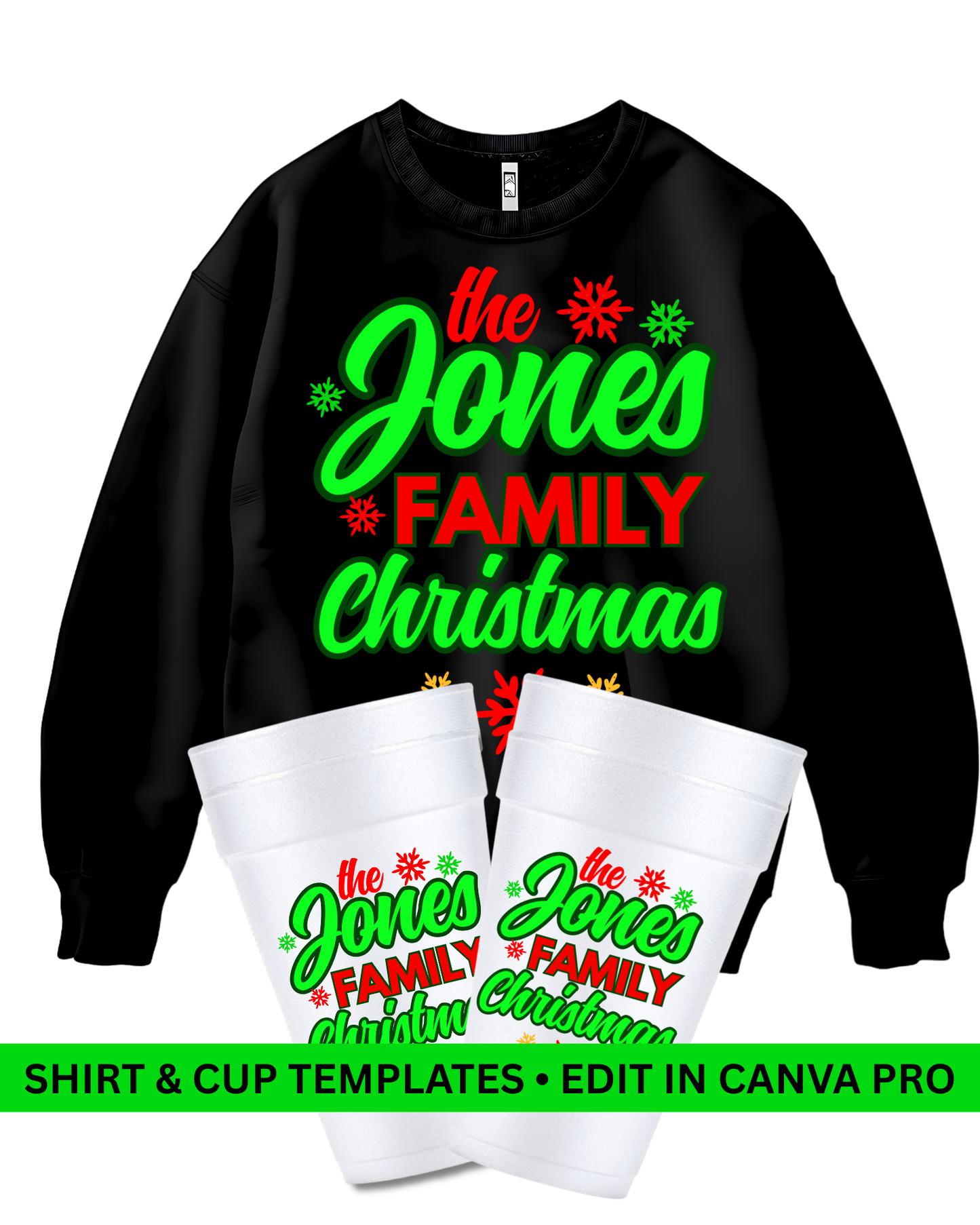 The Jones Family Christmas T-Shirt & Cup Bundle – Editable Canva Pro Templates (Digital Download)