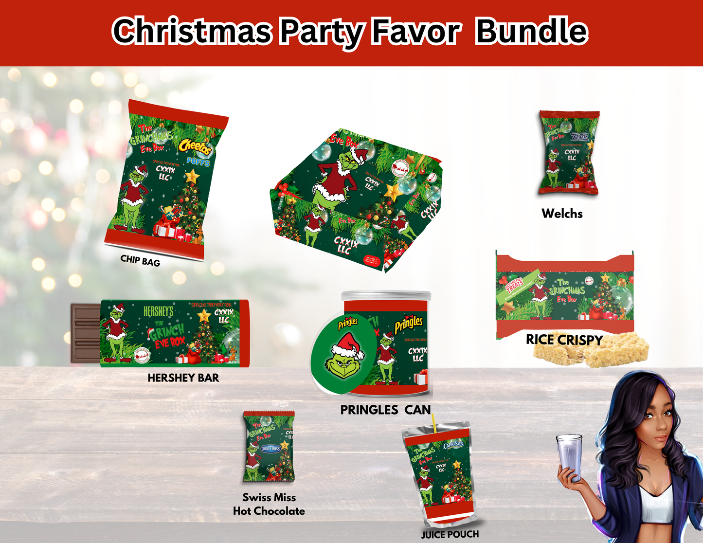 Grinch Party Favor Bundle – 11 Editable Canva Templates (Instant Download)