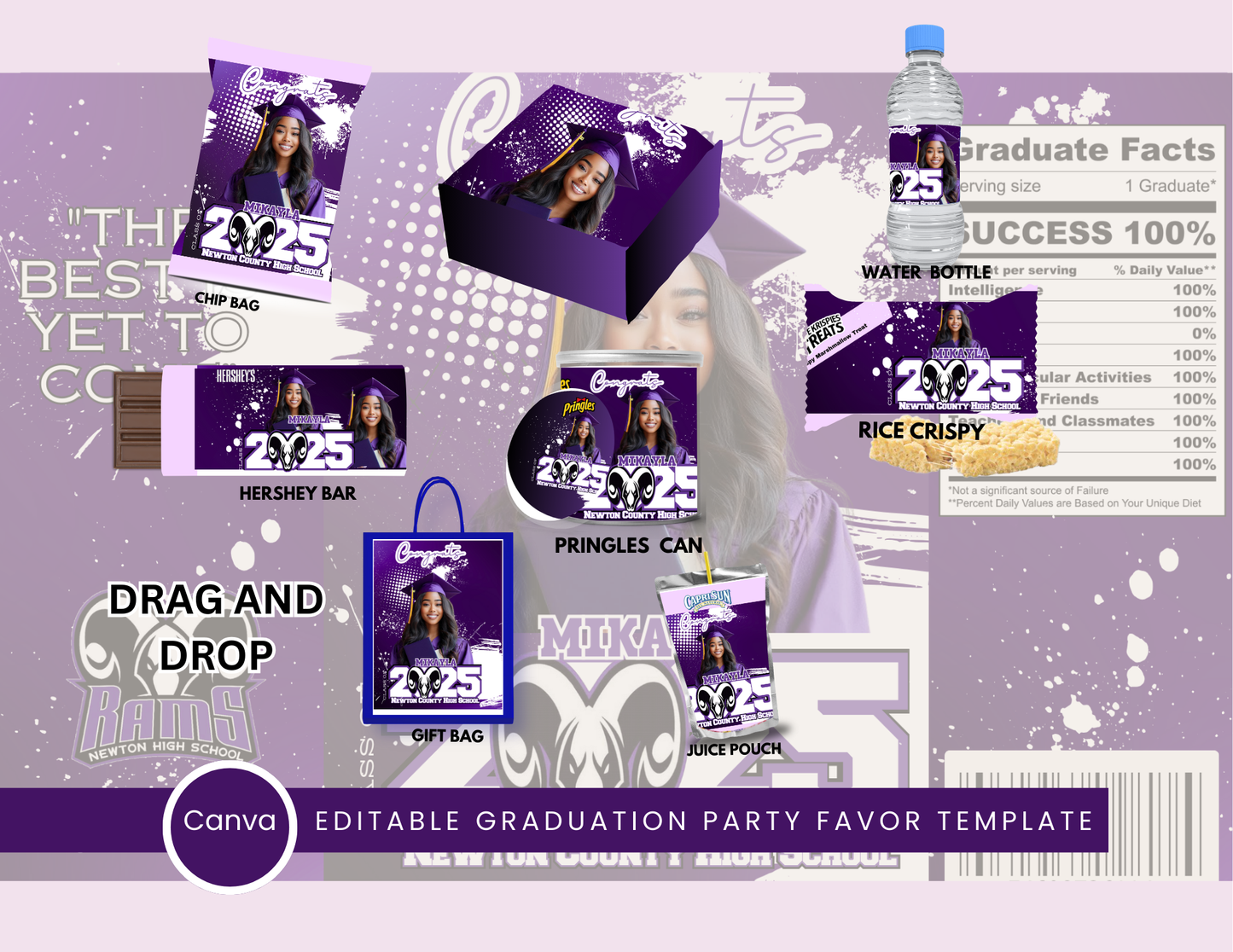 Purple Graduation Party Favor Template Bundle – 8 Editable Canva Pro Templates + Mockups